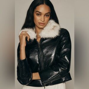 Unreal Fur Wet Look Faux Patent Leather Aviator Jacket